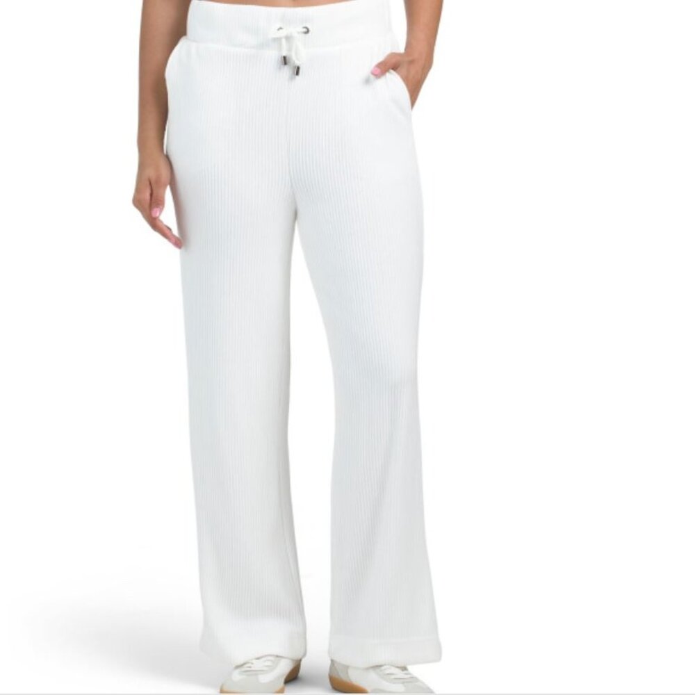 NWT CYRUS Women's White Ottoman Rib Elastic Waist Wide Legs Pants Size L